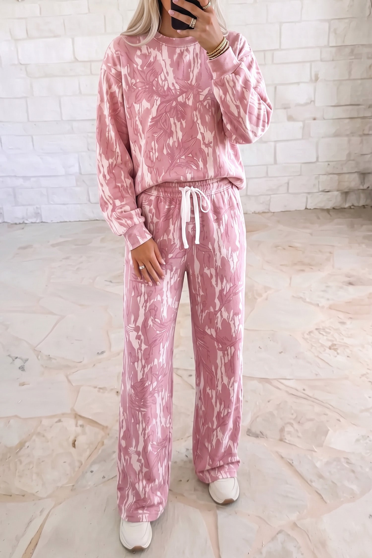 Multicolour Abstract Floral Print Loose Pullover Drawstring Pants 2pcs Set