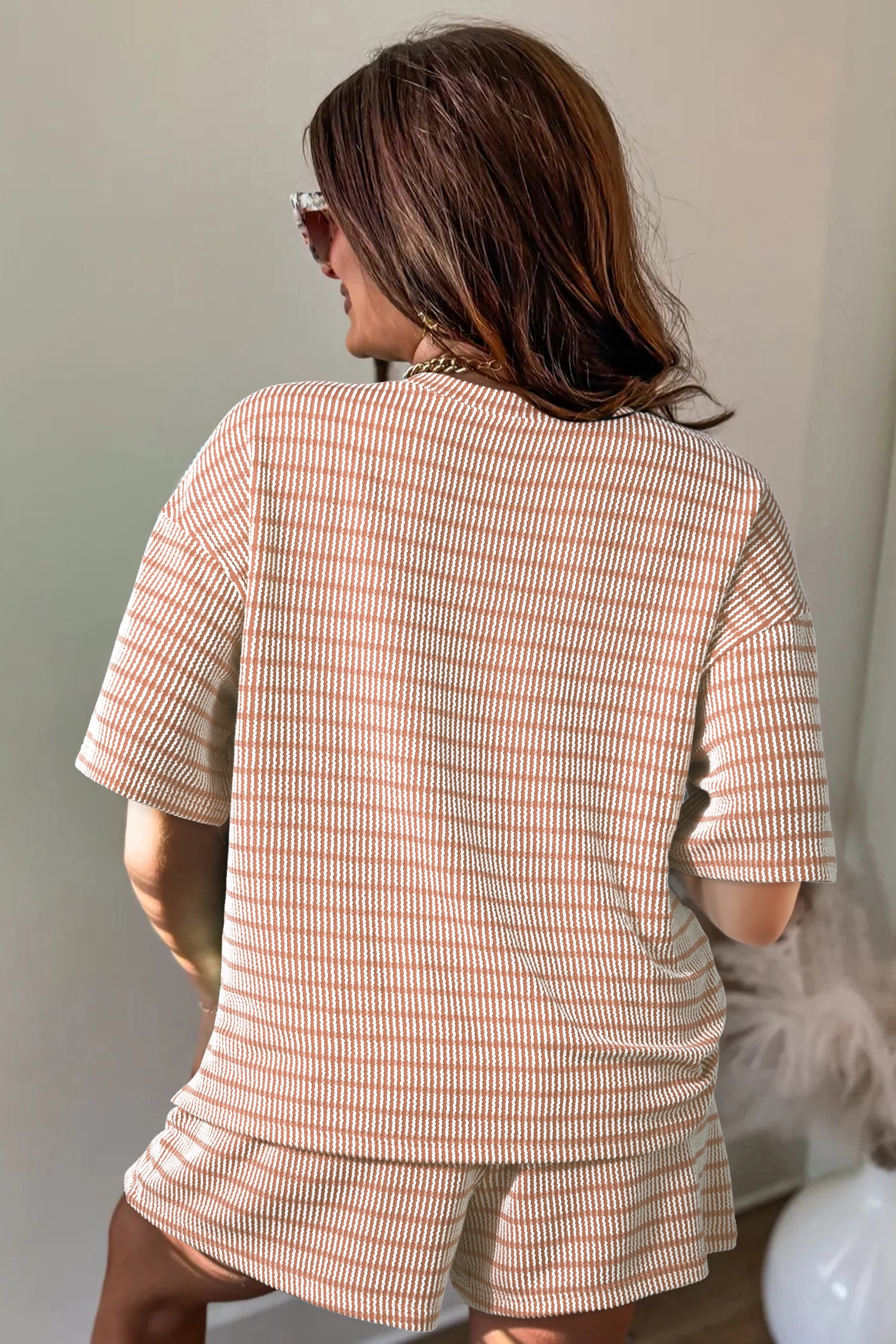 Rose Stripe Raised Rib Loose Tee Drawstring Elastic Waist 2pcs Short Set