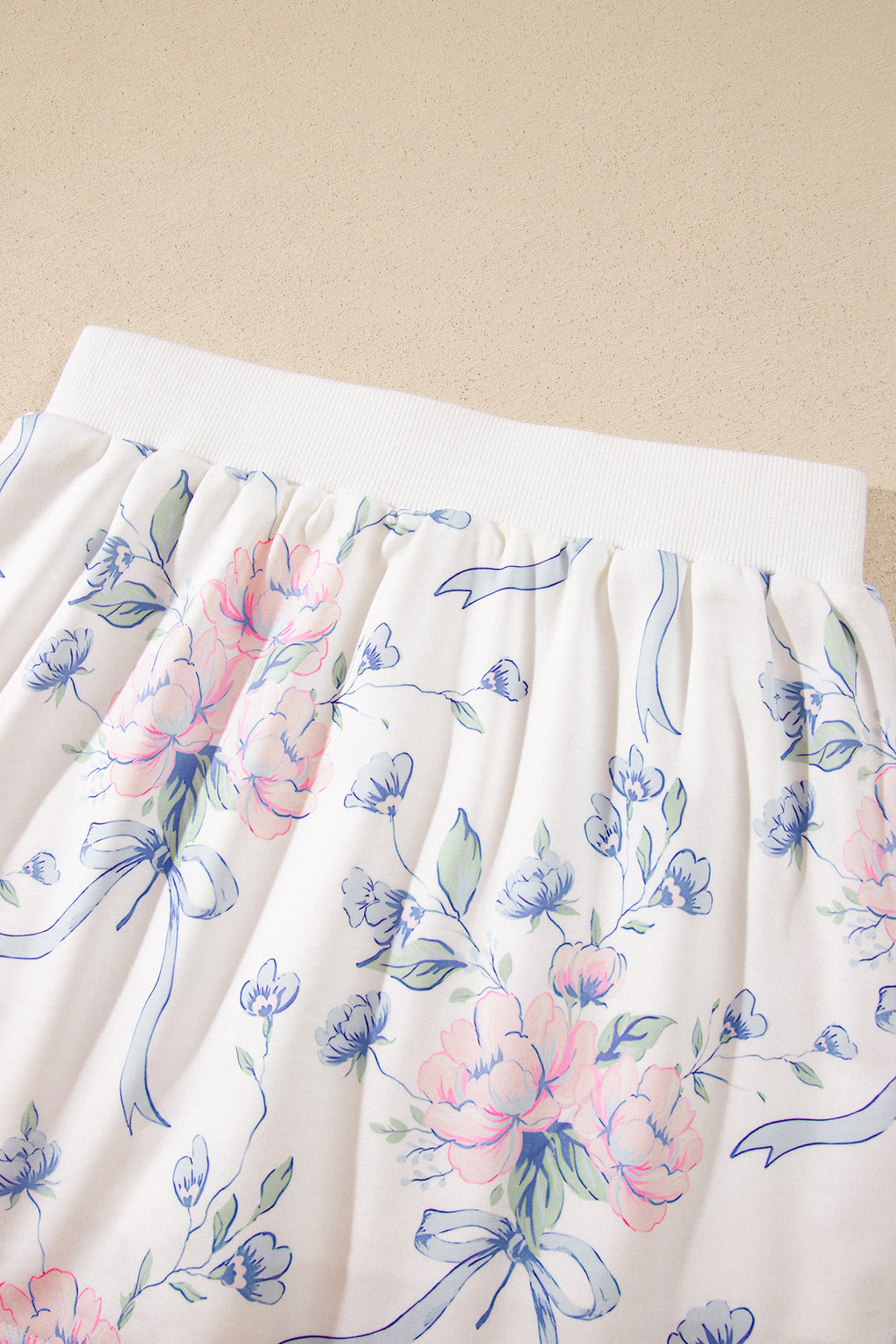 White Floral Print Long Sleeve Top Elastic Waist Skort Two Piece Dresses