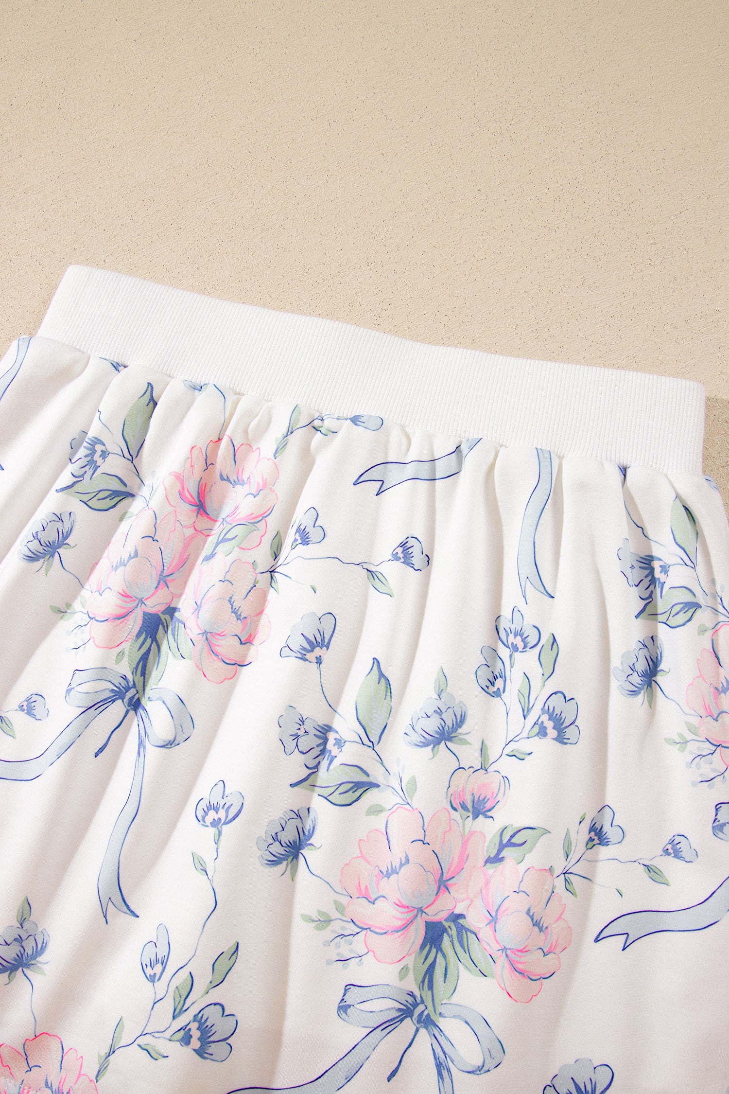 White Floral Print Long Sleeve Top Elastic Waist Skort Two Piece Dresses