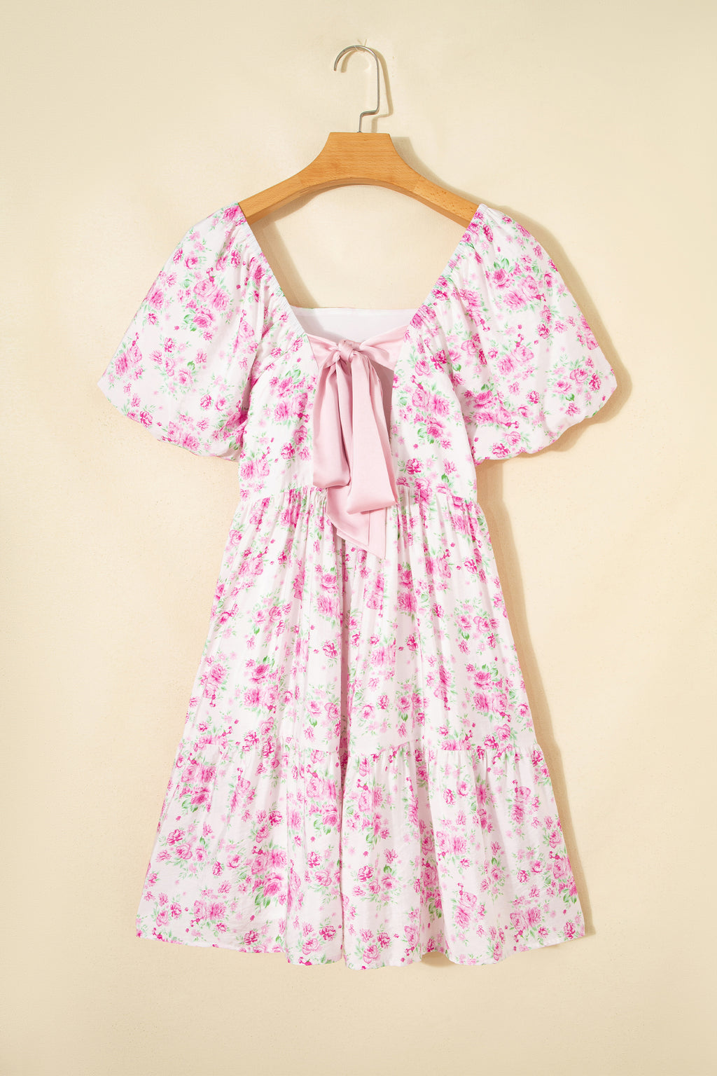 Pink Floral Print Square Neck Ribbon Knot Back Cute Mini Dress