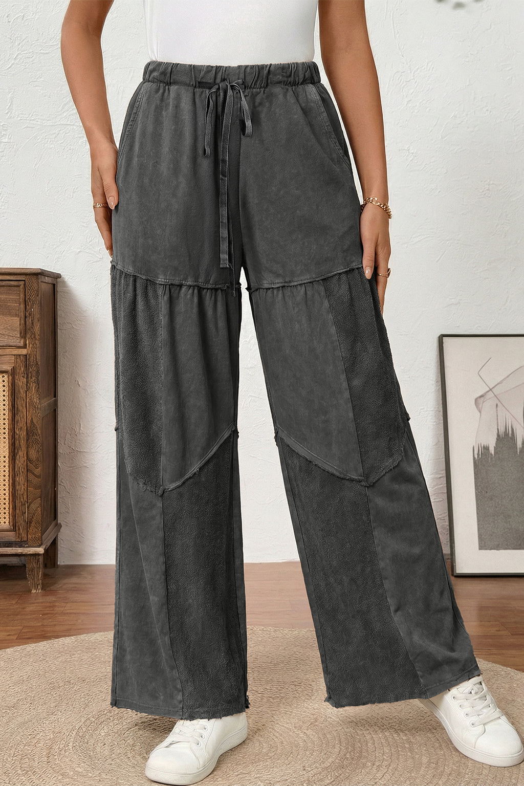 Careys Mineral Wash Tiered Wide Leg Patchwork Drawstring Pants