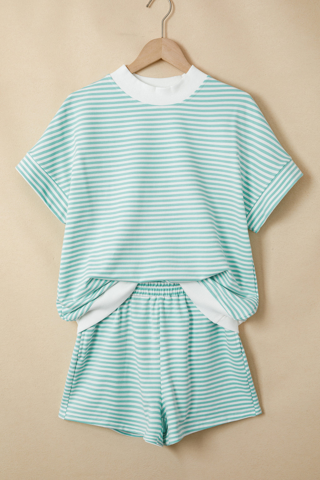 Pink Stripe Cuffed Sleeve Contrast Mock Neck Tee Casual 2pcs Short Set