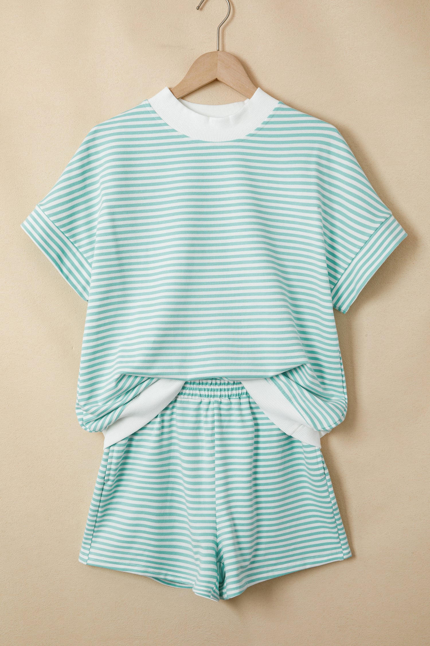 Pink Stripe Cuffed Sleeve Contrast Mock Neck Tee Casual 2pcs Short Set