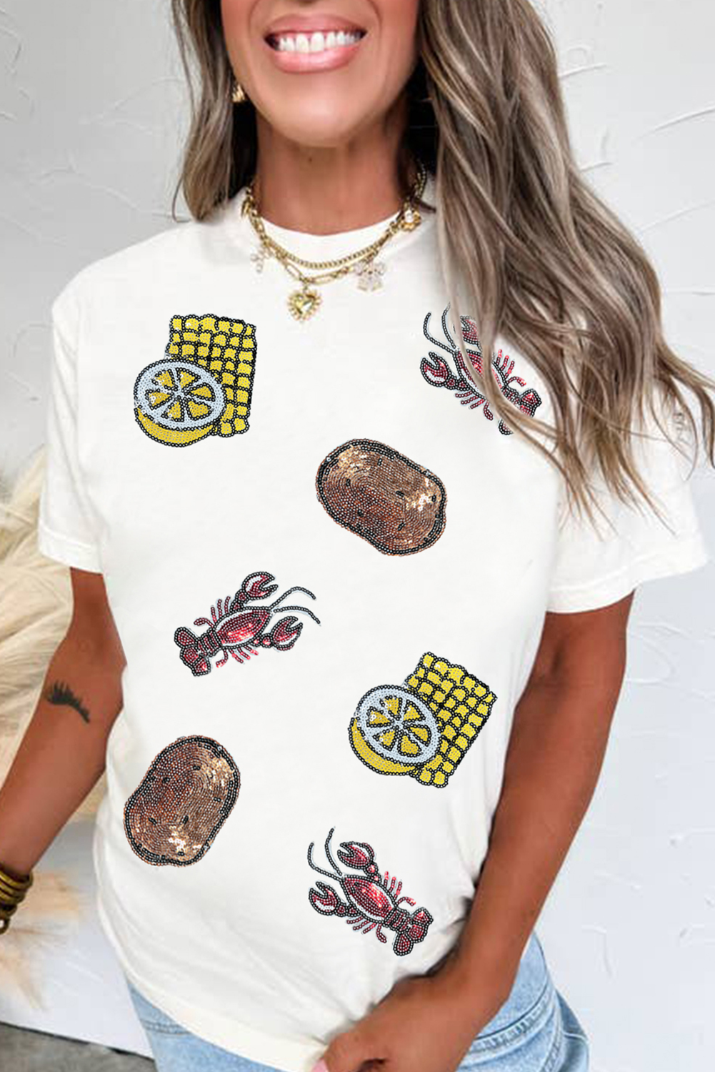 Black Sequin Crawfish Potato Lemon Corn Graphic Crewneck T Shirt