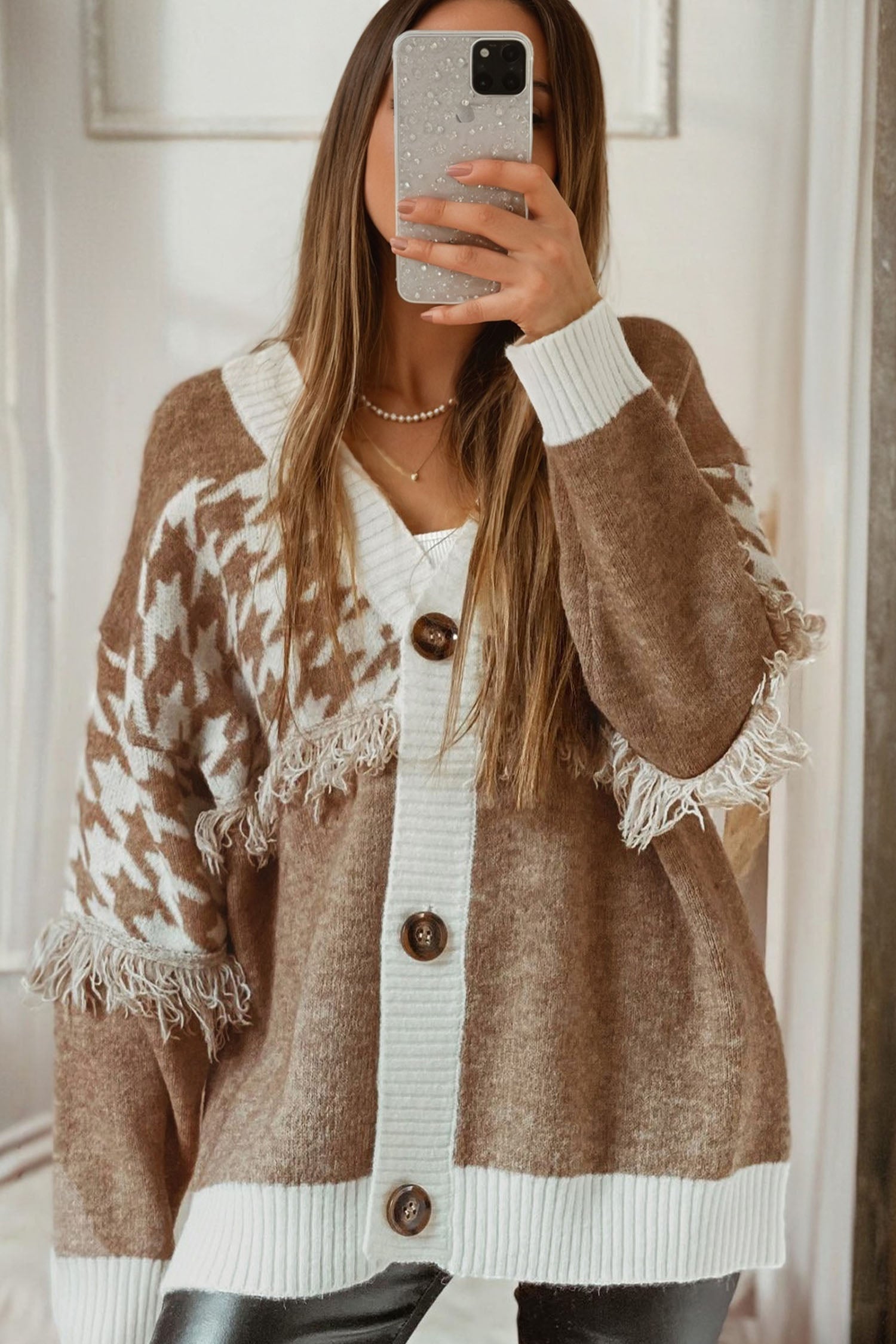 Khaki Houndstooth Color Block V Neck Raw Edge Button Front Cardigan