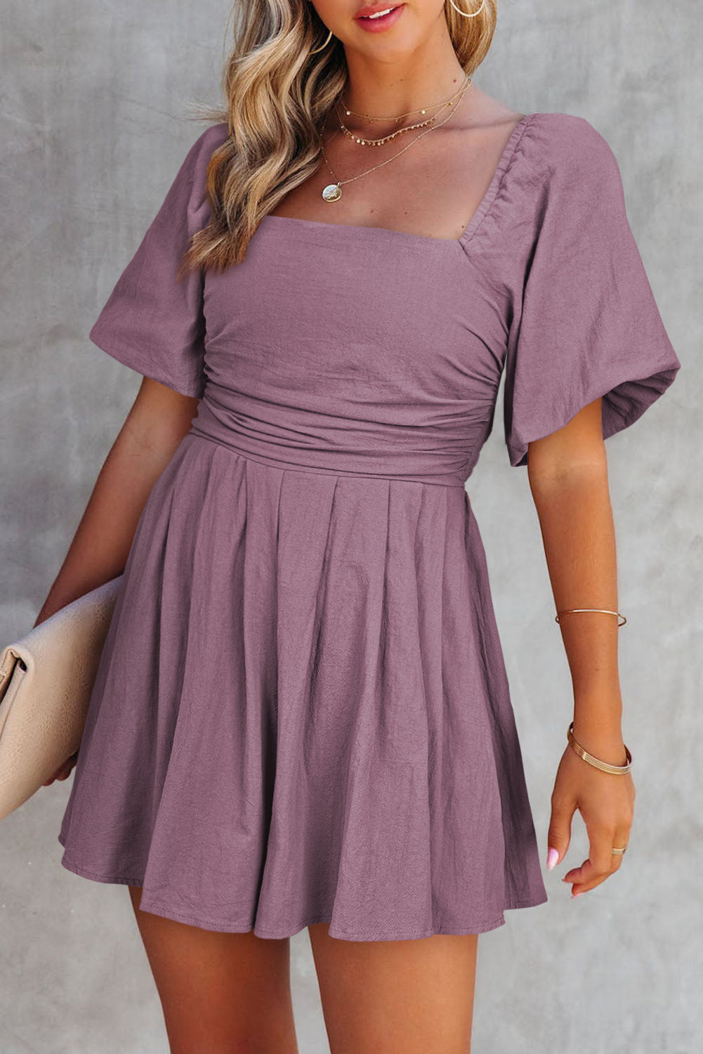 Sky Blue Brown Square Neck Ruched Puff Sleeve Romper