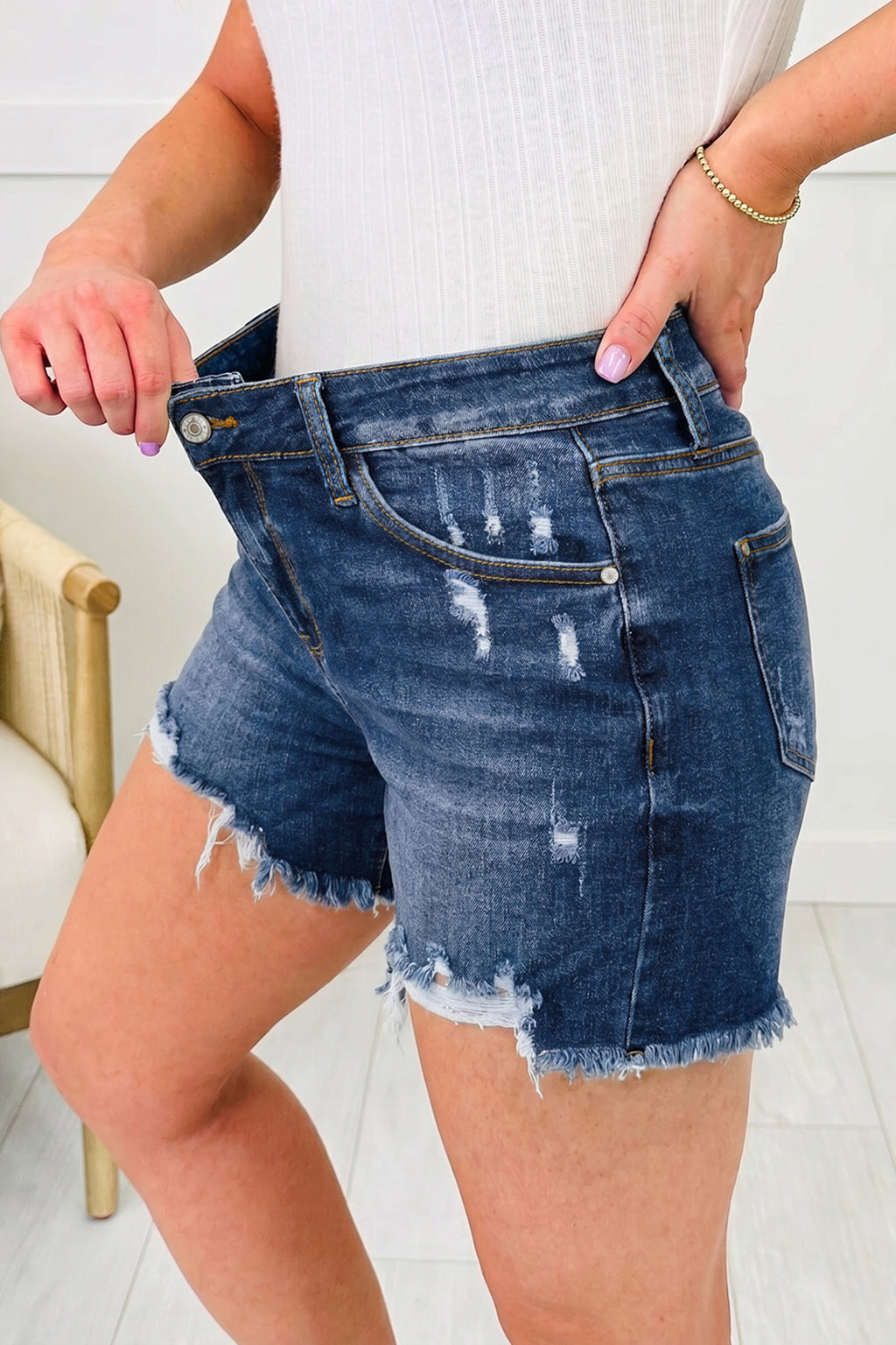 Beau Blue Asymmetric Raw Hem Distressed Whiskery Denim Shorts