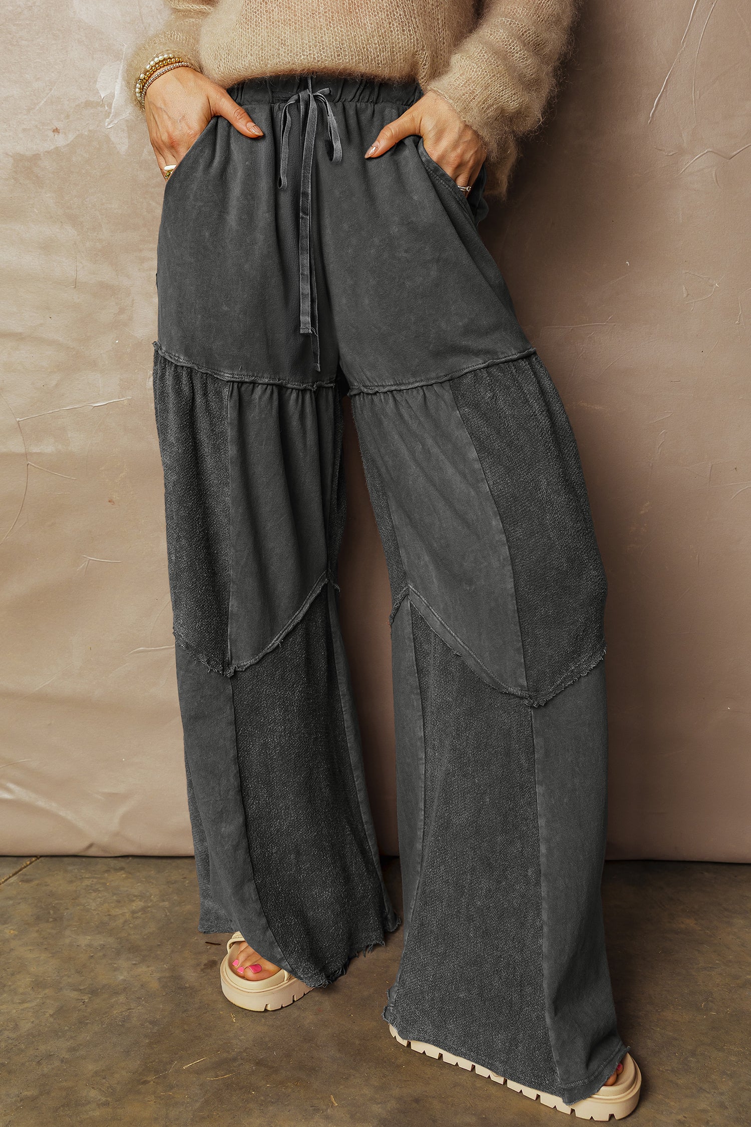 Careys Mineral Wash Tiered Wide Leg Patchwork Drawstring Pants