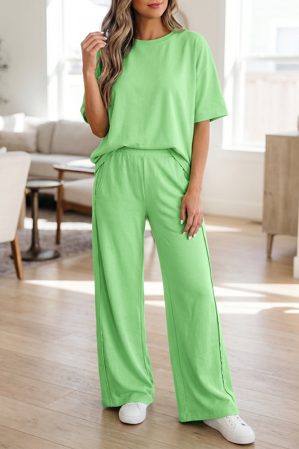 Sachet Pink Solid Cover Oversize Tee Pocketed Casual Pants 2pcs Outfit