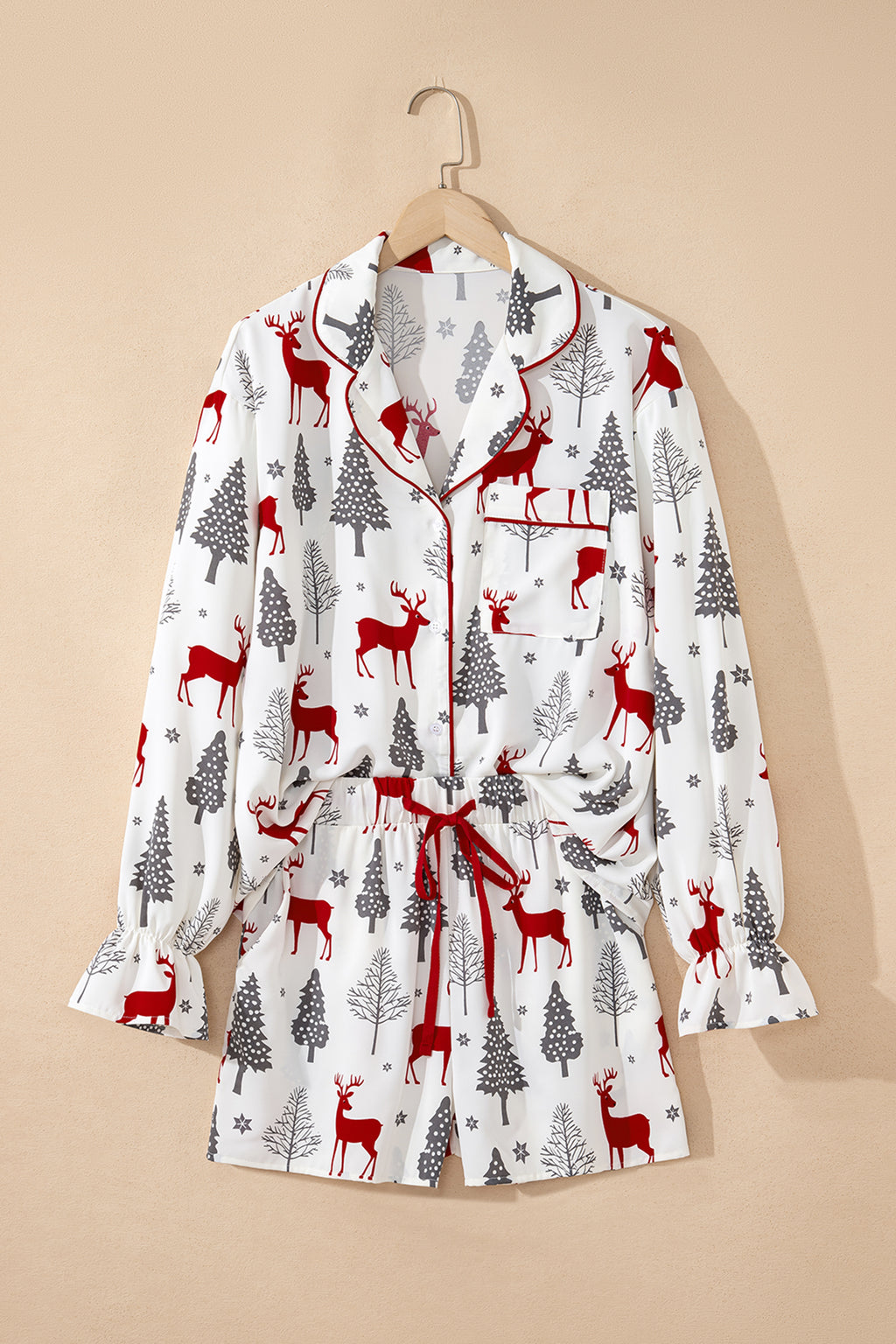 White Christmas Fashion Print Velvet Trim Bow Knot Pajama 2pcs Short Set