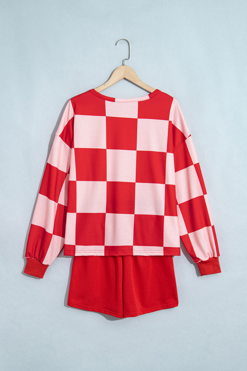 Red Checkerboard Plaid Long Sleeve Solid Color Shorts 2pcs Set