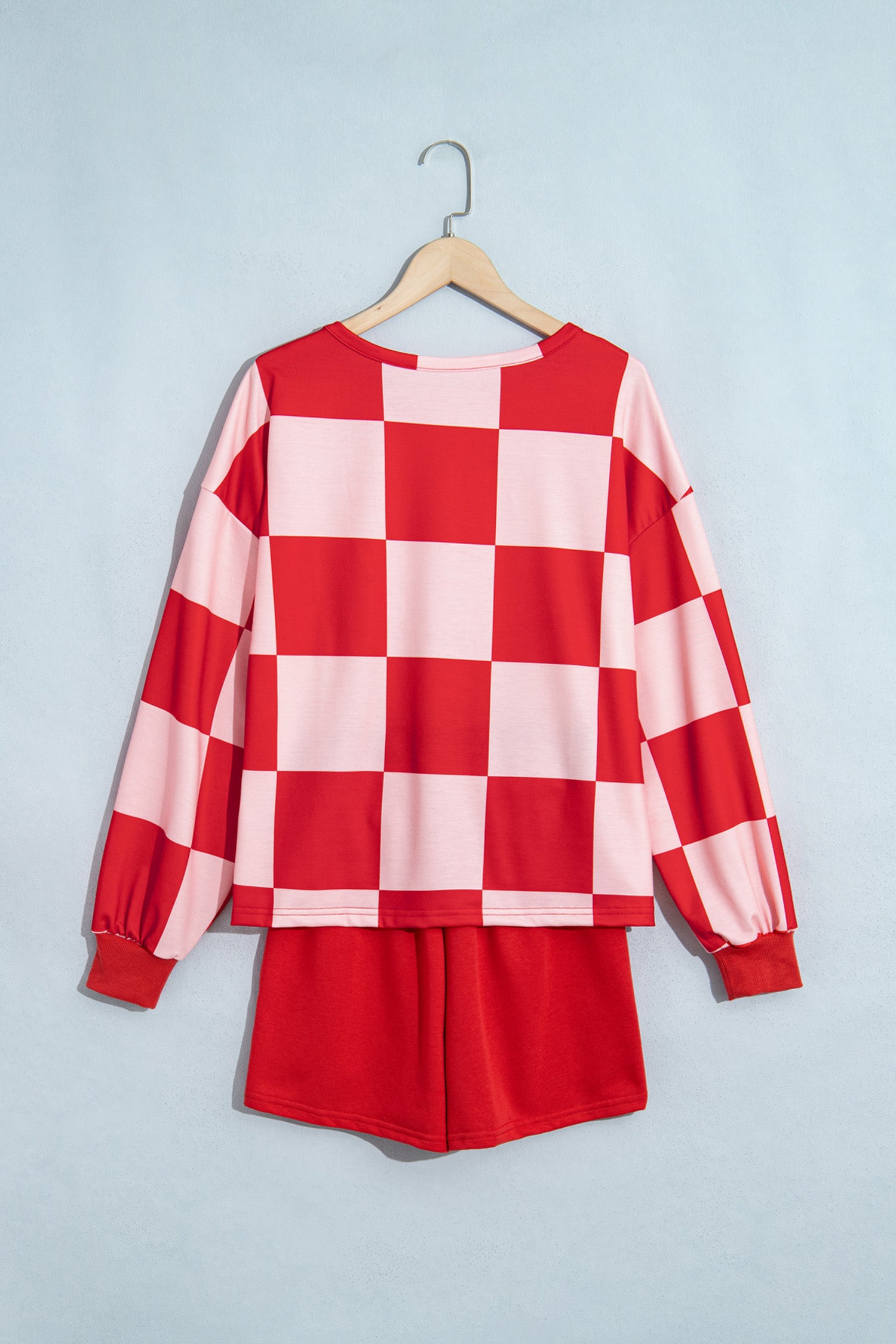 Red Checkerboard Plaid Long Sleeve Solid Color Shorts 2pcs Set