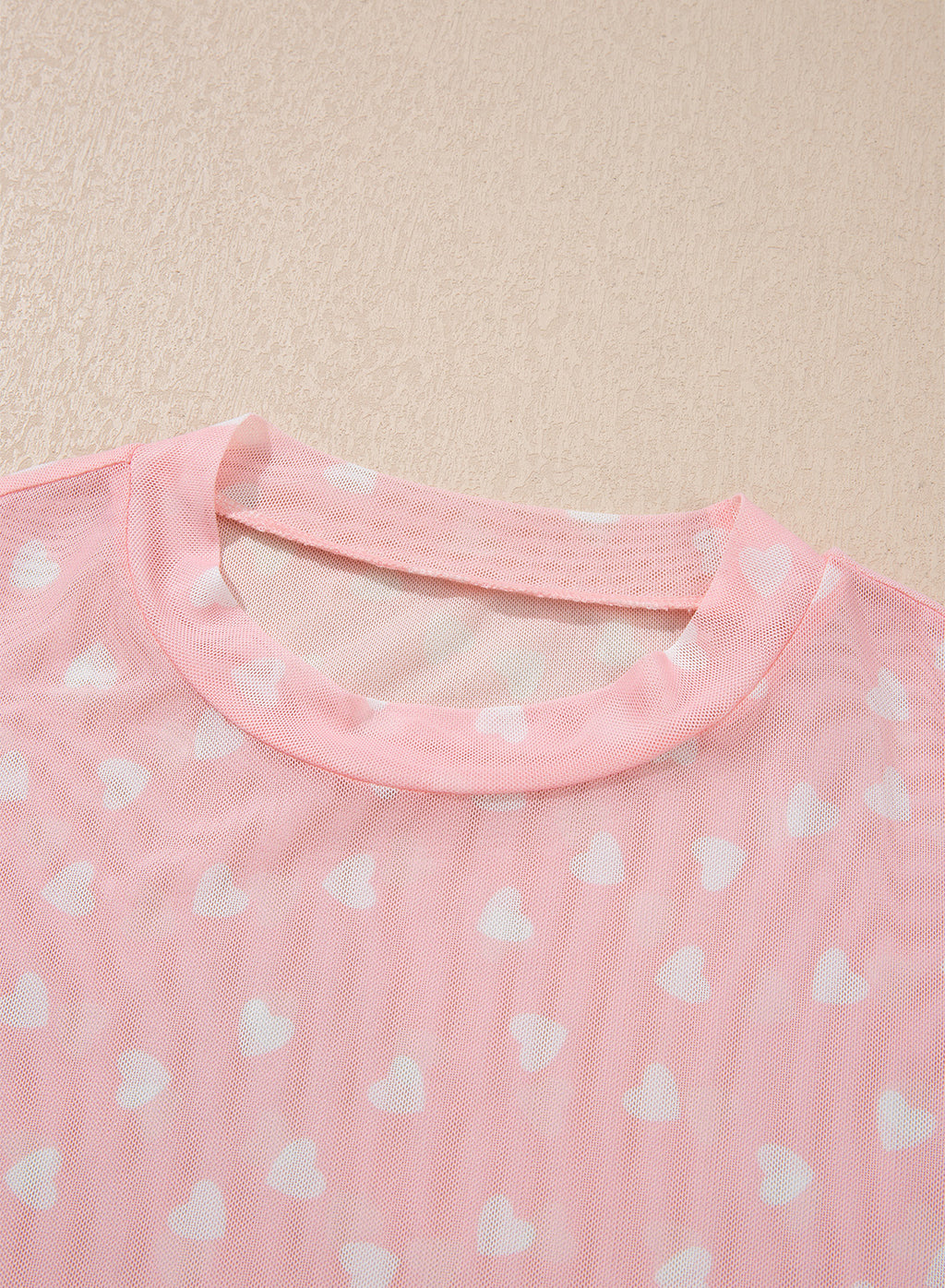 Pink Allover Heart Print Mesh Short Sleeve Top