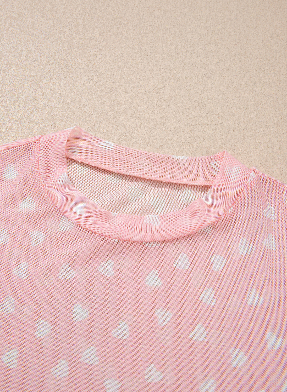 Pink Allover Heart Print Mesh Short Sleeve Top