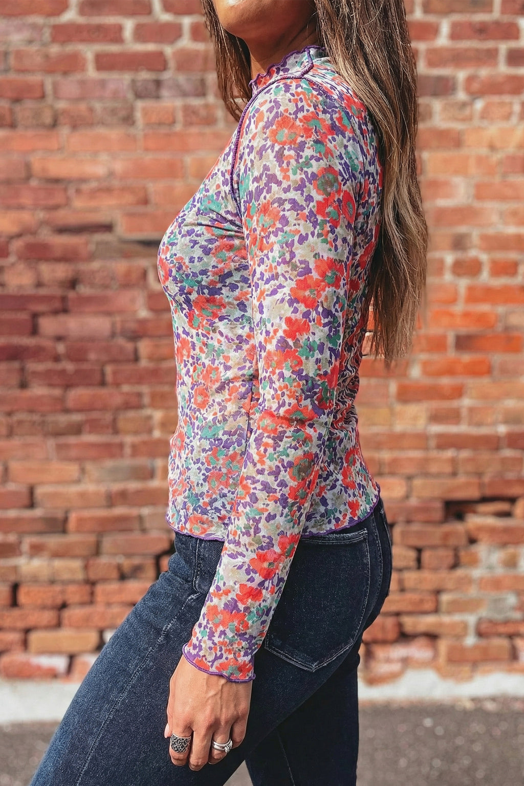 Smoke Gray Floral Print Slim Fit Mesh Long Sleeve Mock Neck Top