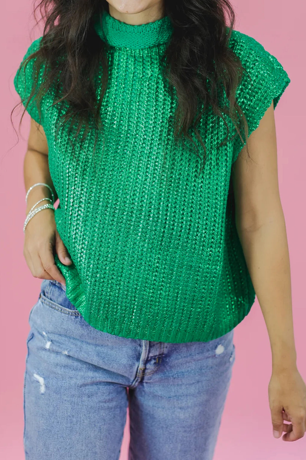 Wisteria Solid Color Knit High Neck Short Sleeve Sweater