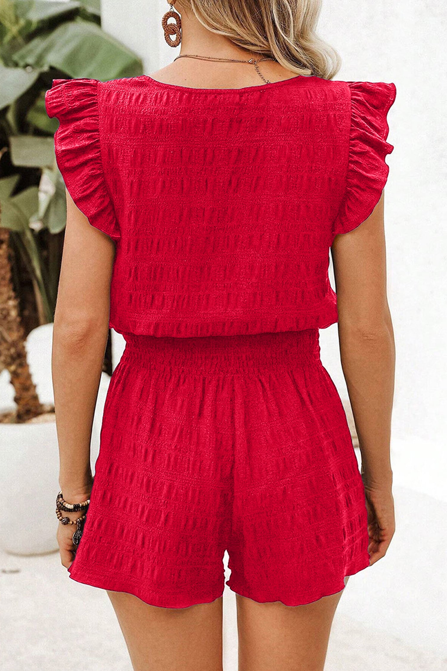 Peach Blossom Textured Square Neck Top and Shirred High Waist Shorts Set