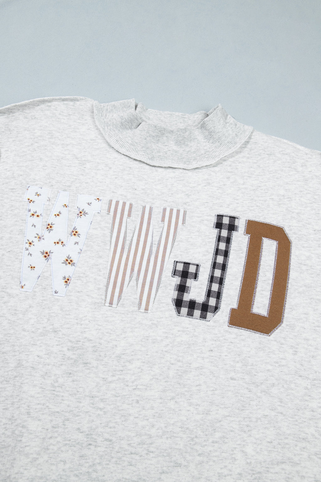 Gray WWJD Mixed Pattern Embroidered Patch Graphic Mock Neck Sweatshirt