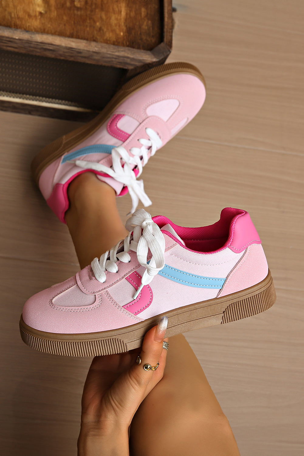 Pink Color Block PU Leather Patchwork Lace Up Flat Shoes