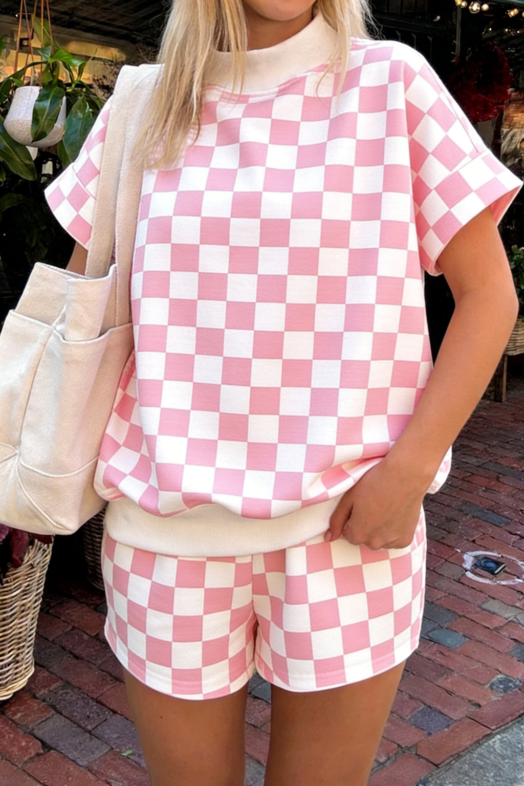 Black Checkered Print Color Block Trim Mock Neck Short Set