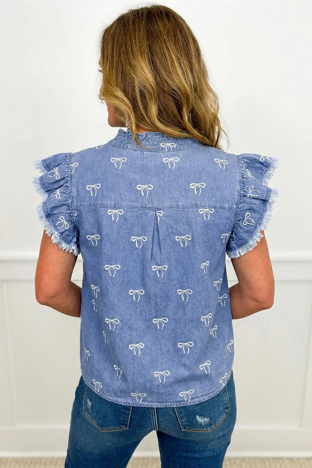 Beau Blue Frilled Collar Flutter Sleeve Denim Top
