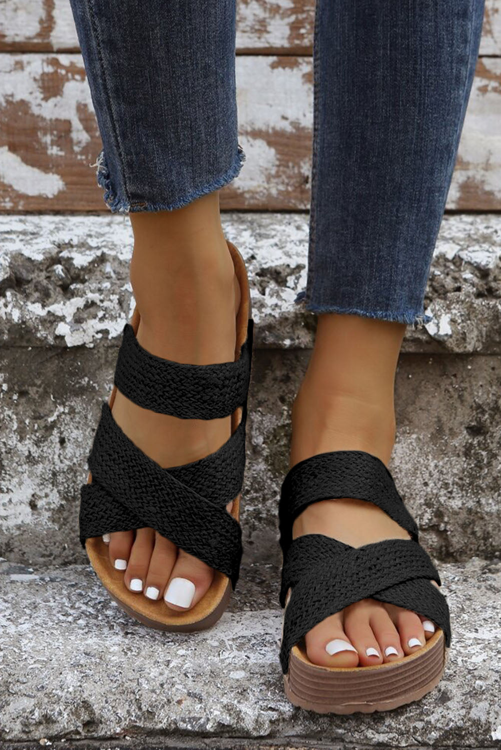 Brown Woven Cross Criss Hollowed Slip-On Slippers