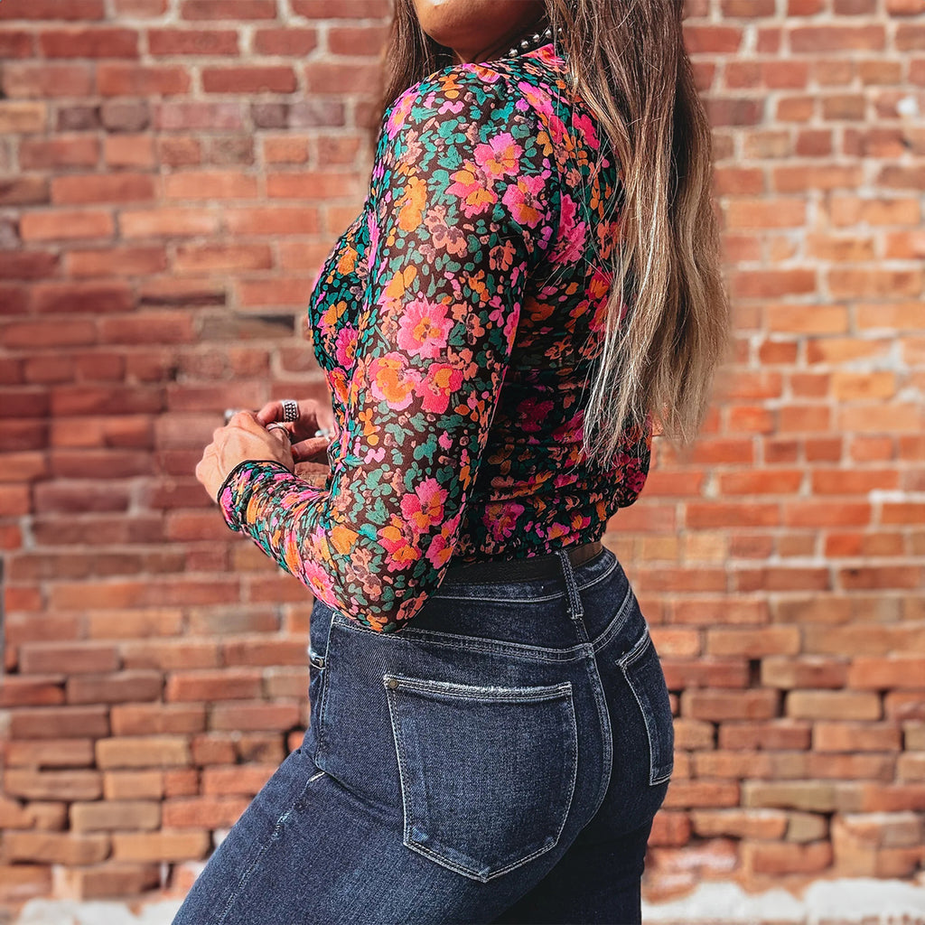 Smoke Gray Floral Print Slim Fit Mesh Long Sleeve Mock Neck Top