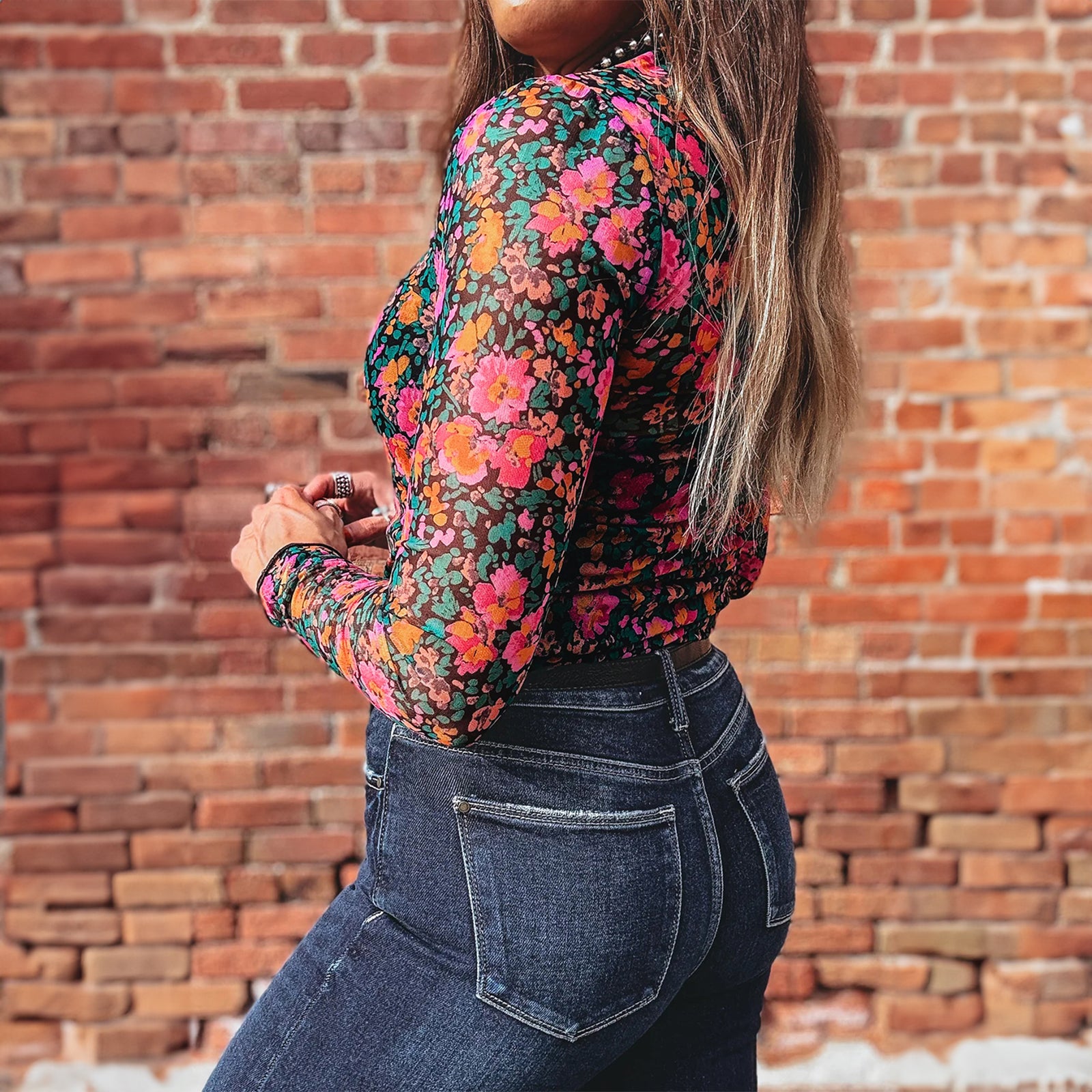 Smoke Gray Floral Print Slim Fit Mesh Long Sleeve Mock Neck Top