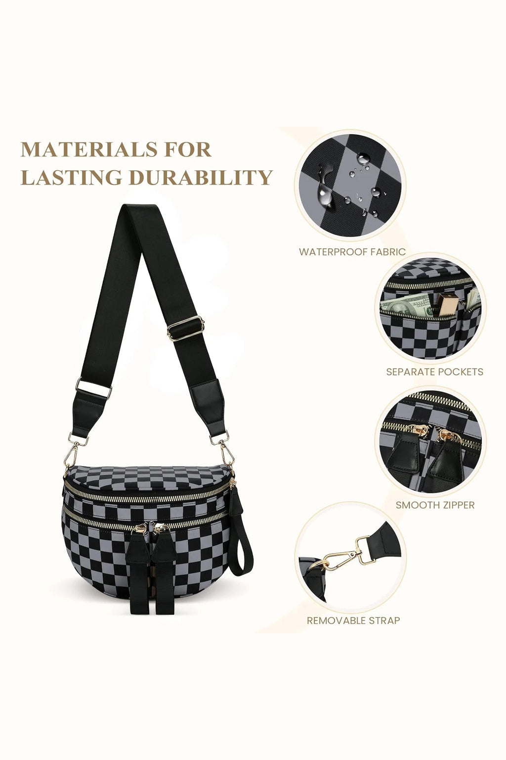 Oatmeal Canvas Checkerboard Pattern 27cm Compact Crossbody Bag