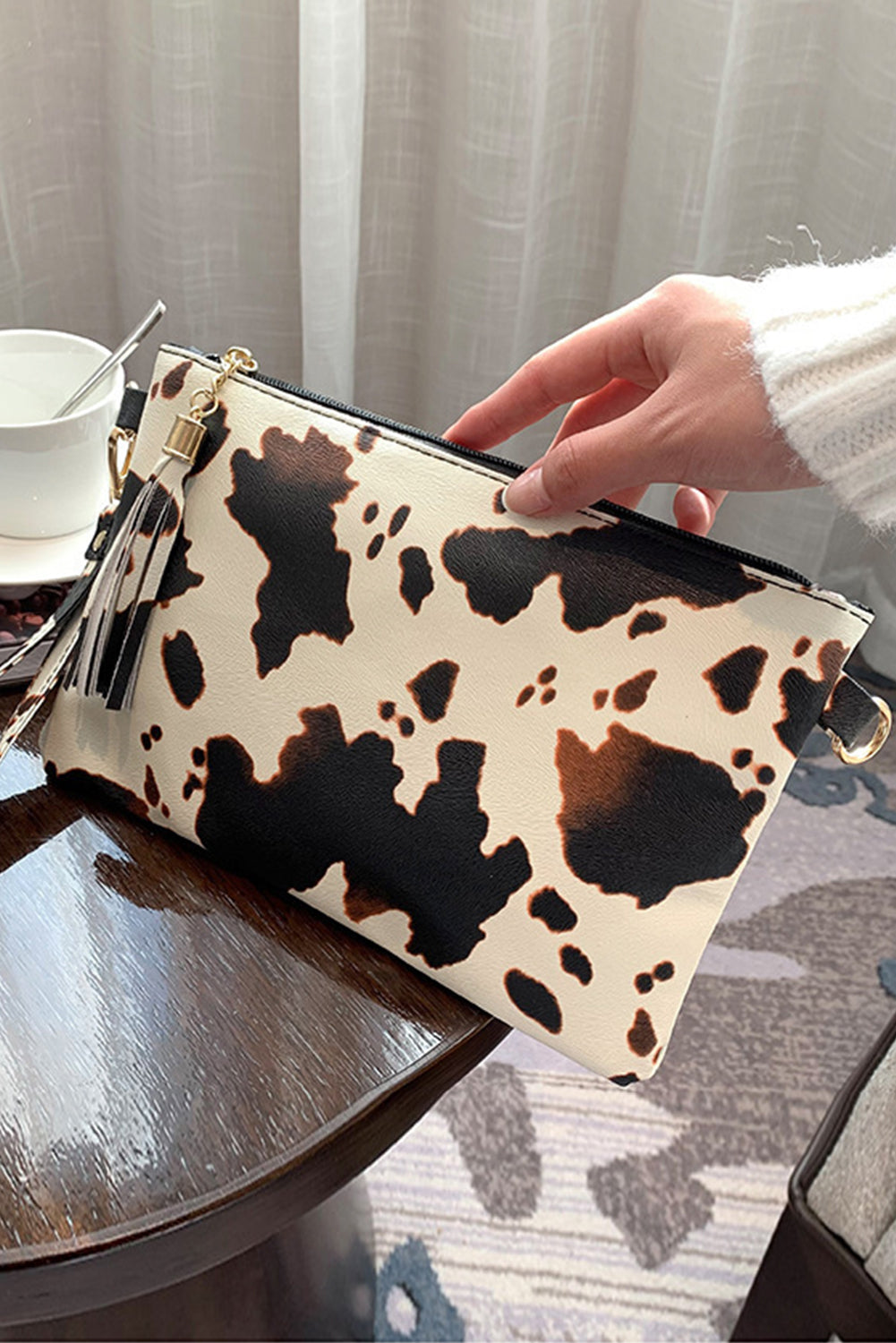 White Leopard/Cow Print Wrist Strap Zipped Wallet