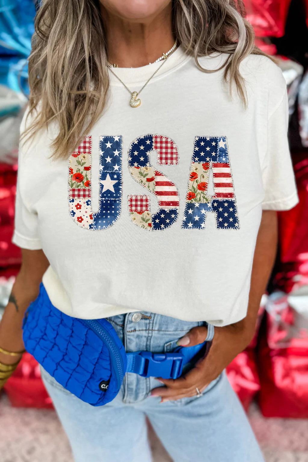 White USA Faux Patchwork Graphic Tee