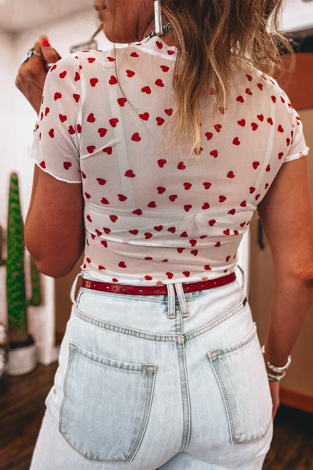 Pink Allover Heart Print Mesh Short Sleeve Top