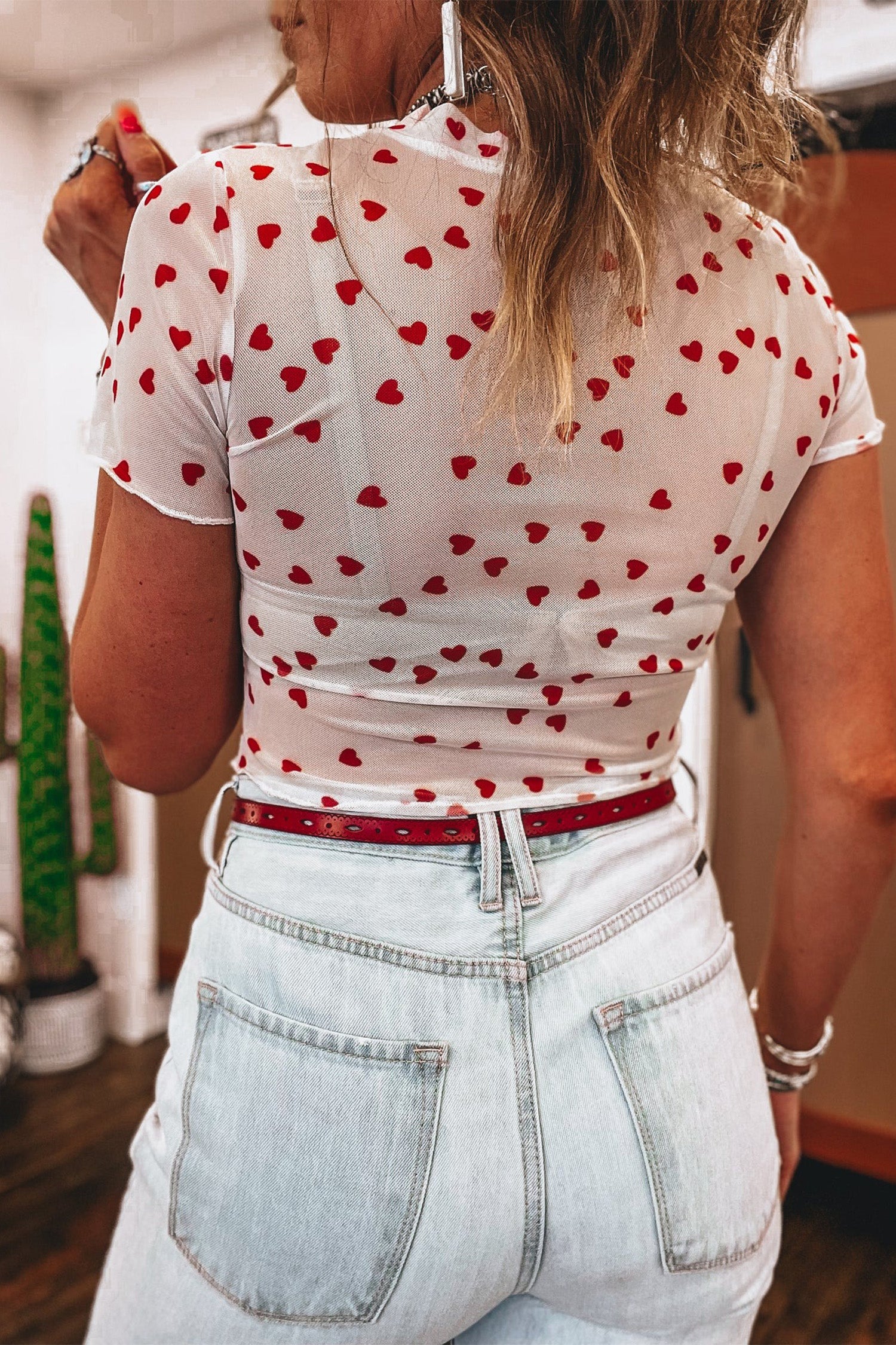 Pink Allover Heart Print Mesh Short Sleeve Top
