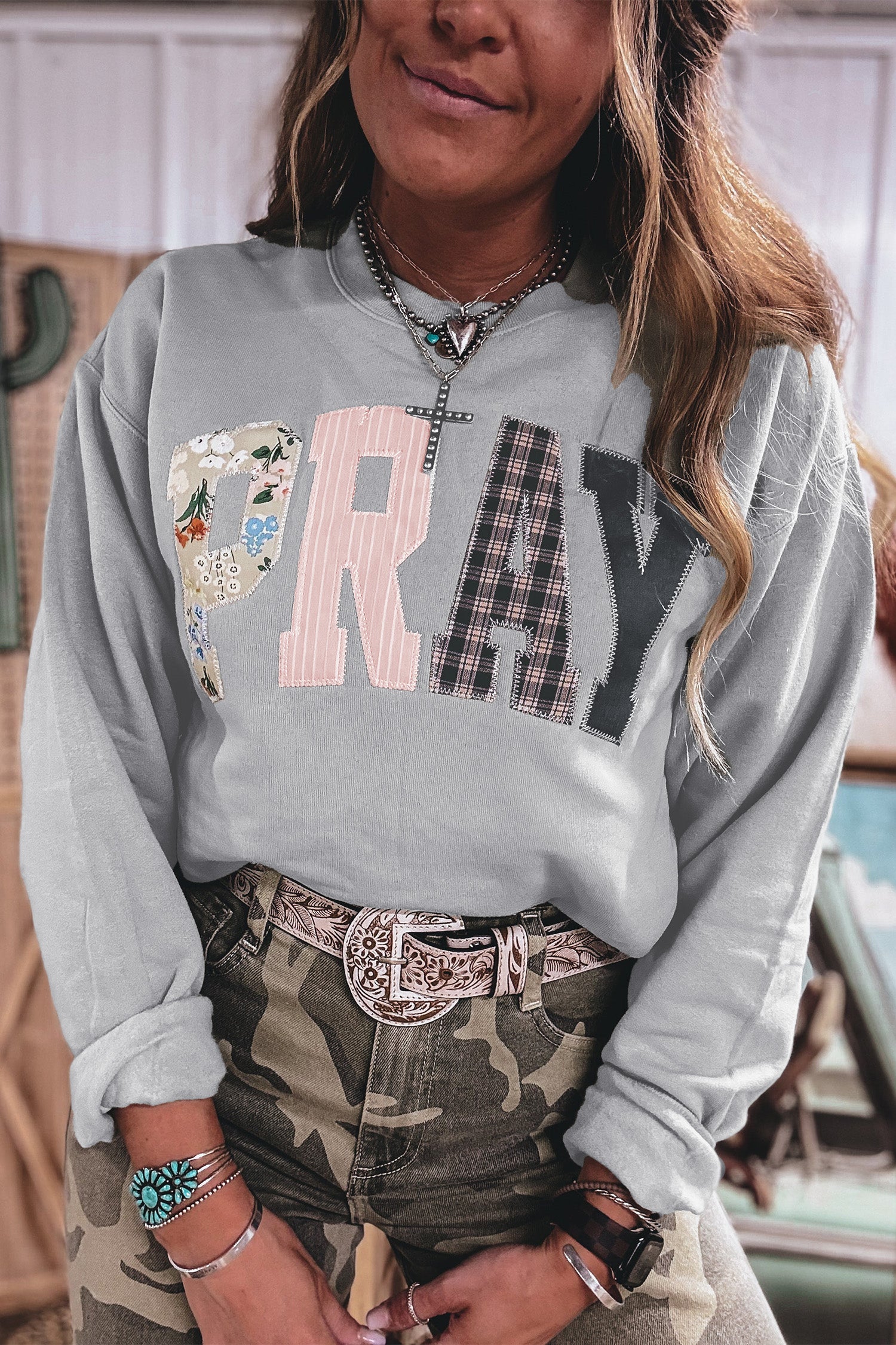 Coffee Floral Buffalo Plaid Striped Embroidered Patch Western Pullover Sweatshirt