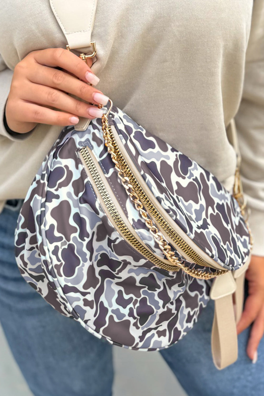White Camouflage Print Double Zip Fashion Crossbody Bag