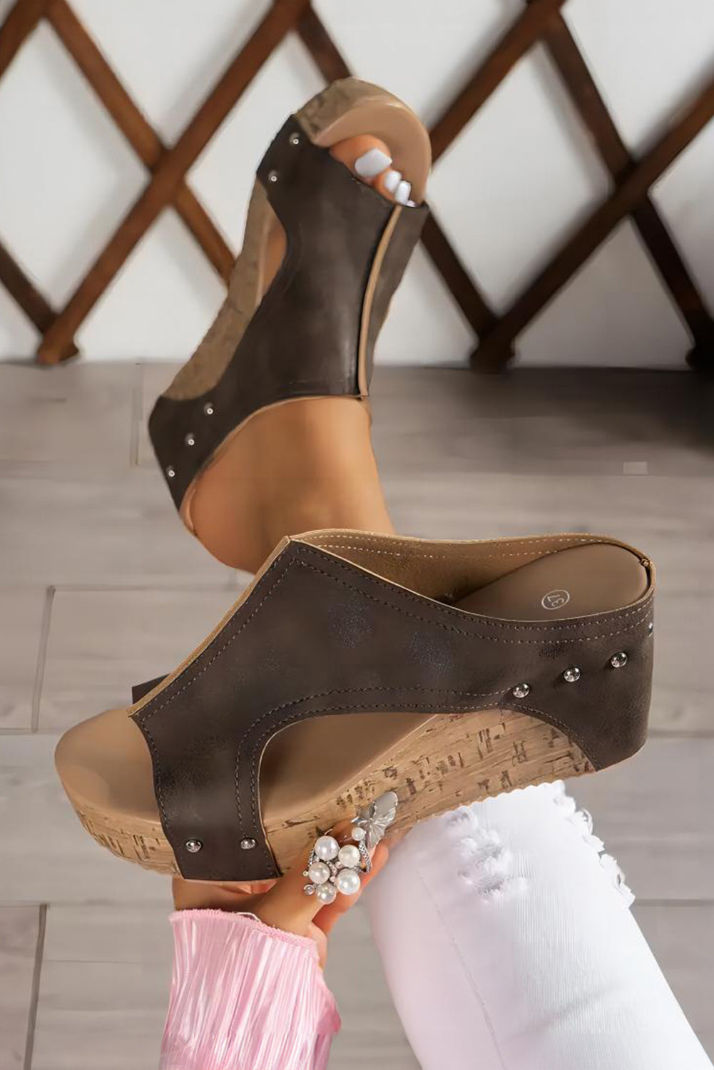 Black Hollow Out Studded PU Leather Wedge Slippers