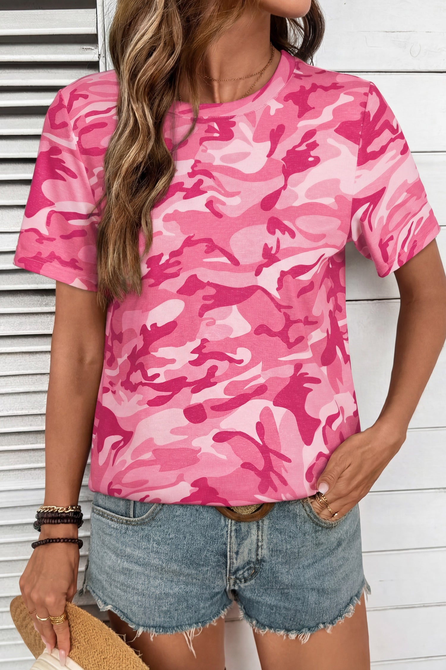 Green Camouflage Print Crew Neck T Shirt