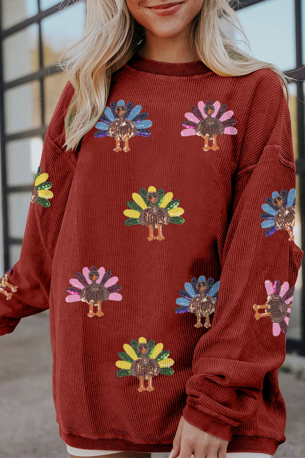 Apricot Turkey Graphic Corded Baggy Sweatshirt