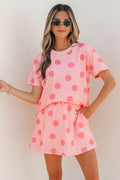 Pink Polka Dot Short Sleeve Top Casual Skort 2pcs Outfit