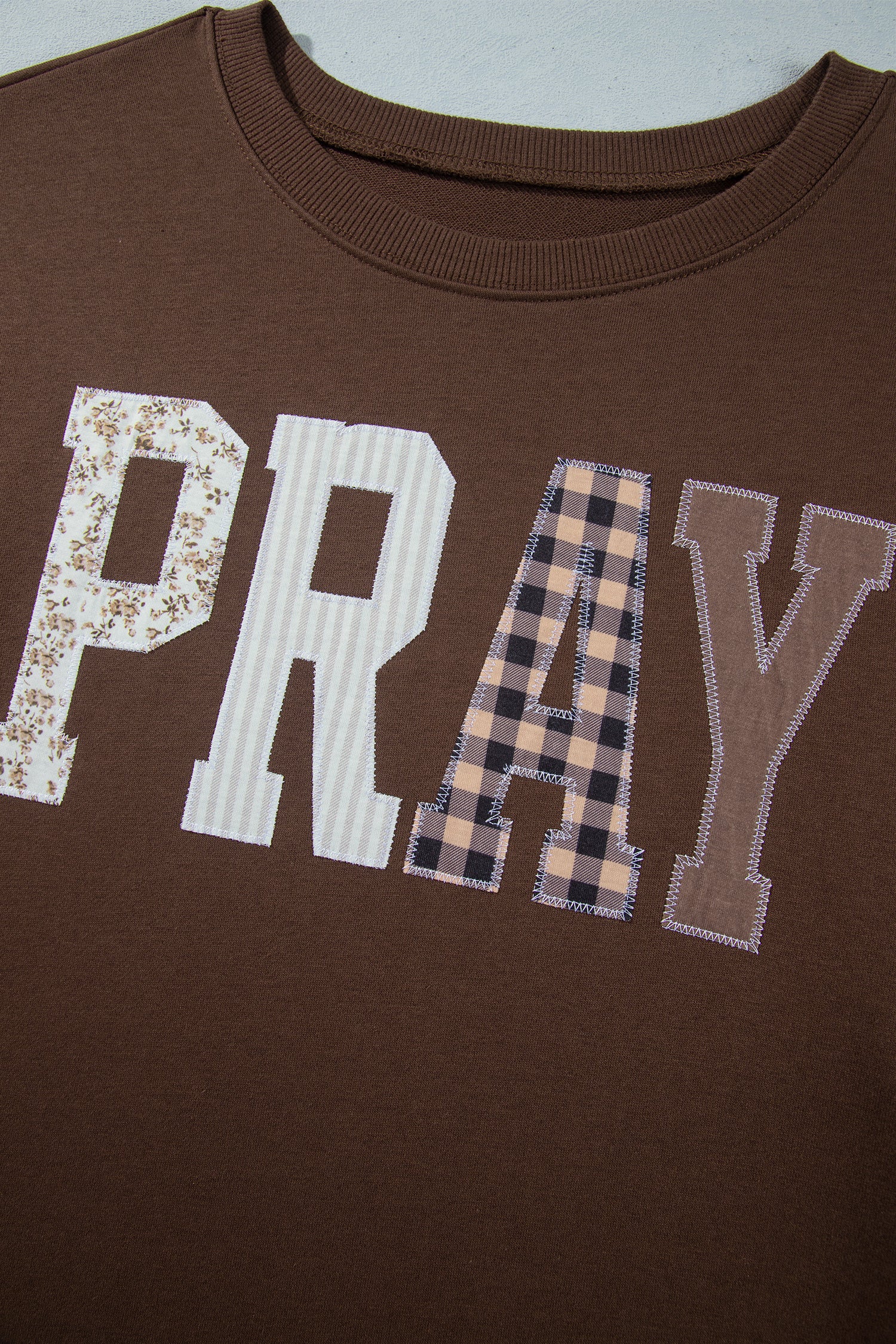 Coffee PRAY Letter Patchwork Round Neck Long Sleeve Plus Size Sweatshirt