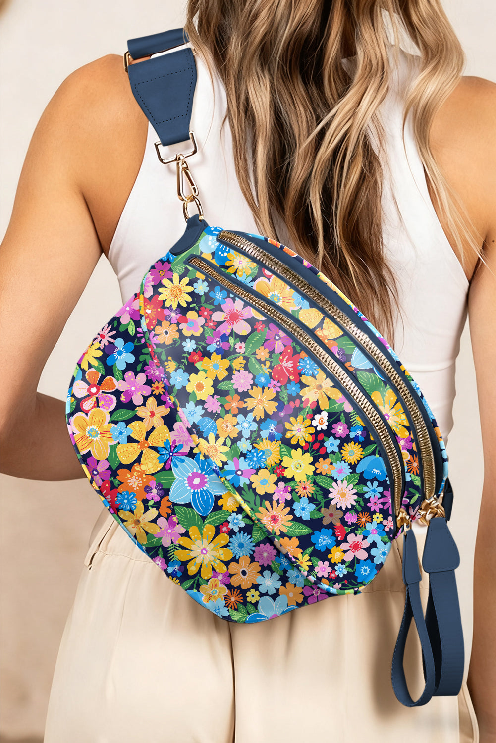 White Floral Printed Double Zip Crossbody Bag
