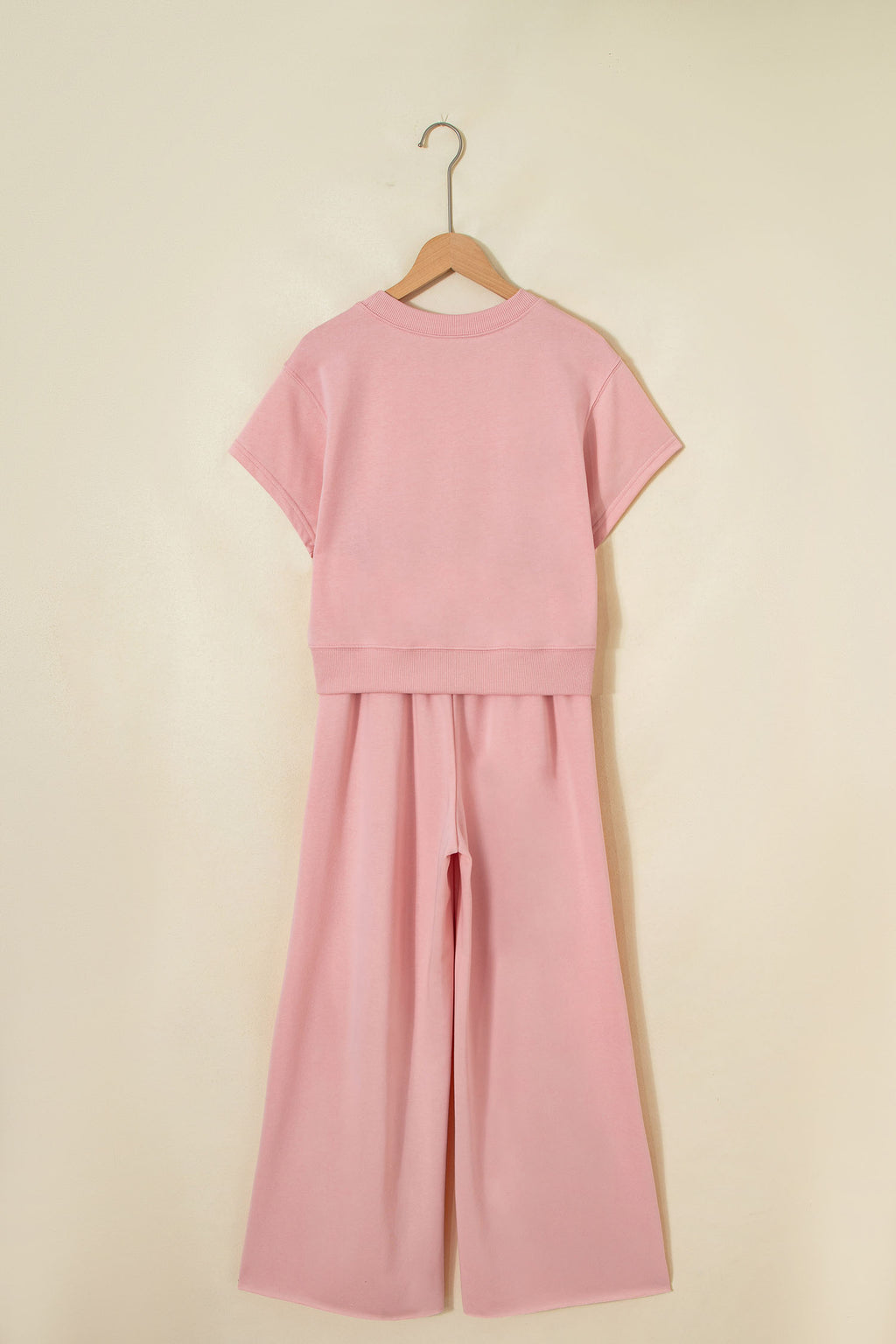 Light Pink Solid Color Loose Tee Drawstring Wide Leg Pants 2pcs Outfit