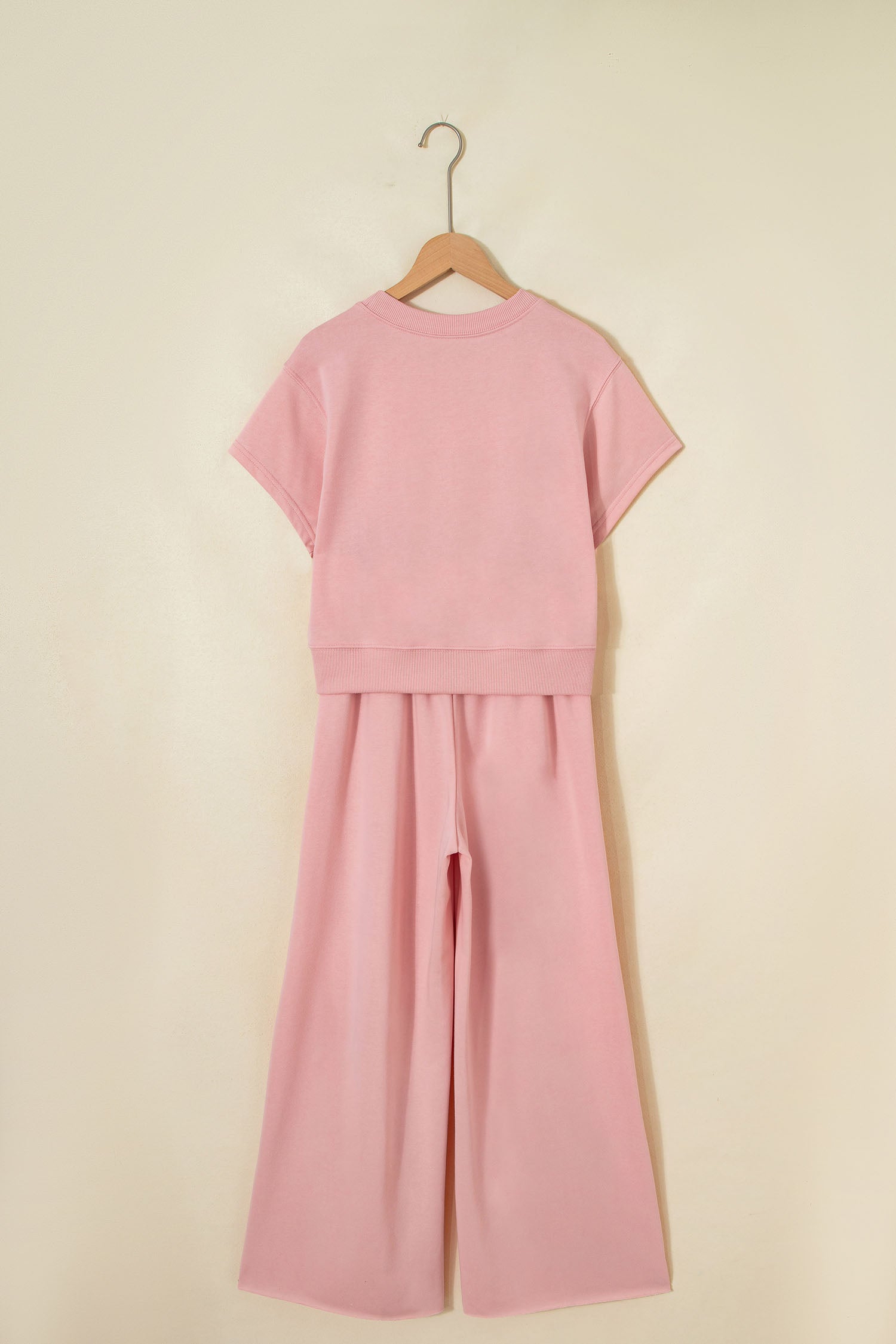 Light Pink Solid Color Loose Tee Drawstring Wide Leg Pants 2pcs Outfit