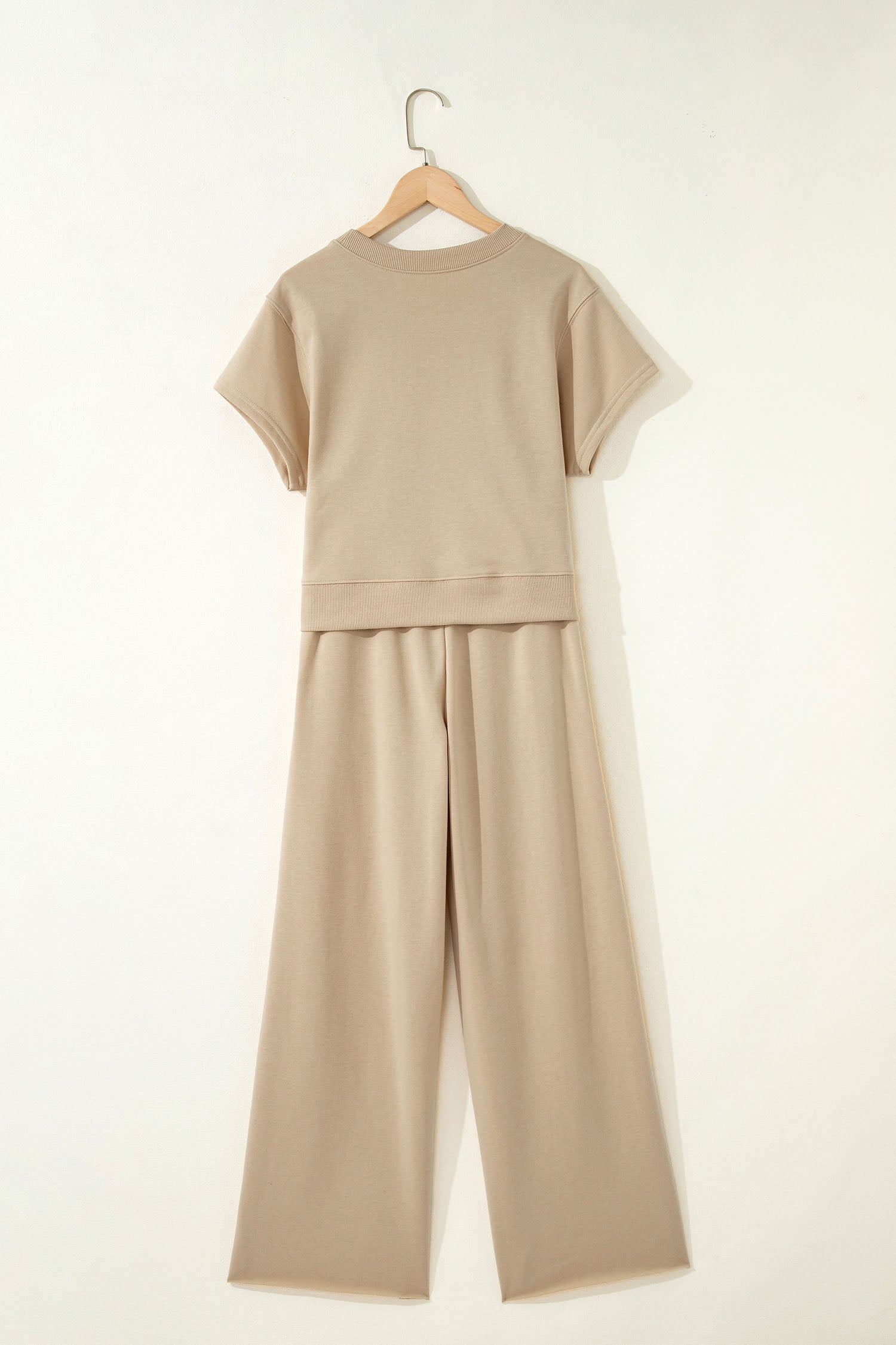 Light Pink Solid Color Loose Tee Drawstring Wide Leg Pants 2pcs Outfit