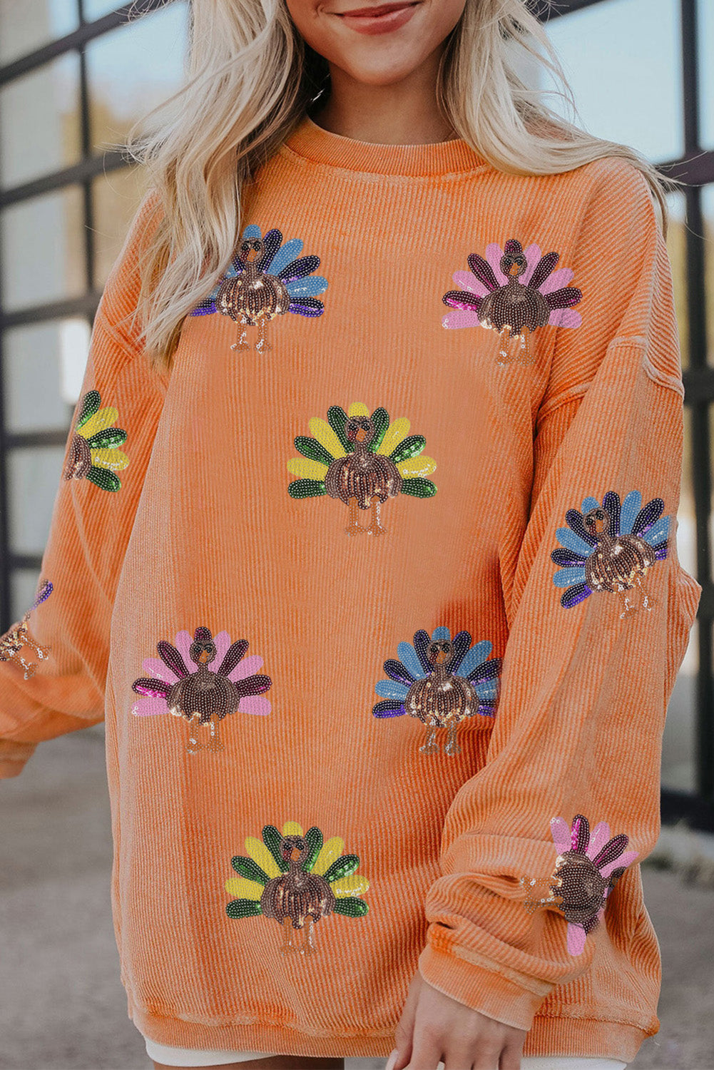 Apricot Turkey Graphic Corded Baggy Sweatshirt