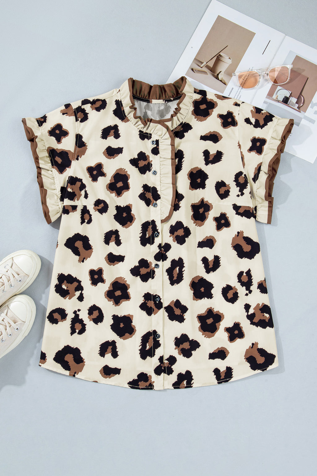 Khaki Plus Size Leopard Print Frilled Color Block Trim Button Down Short Sleeve Blouse