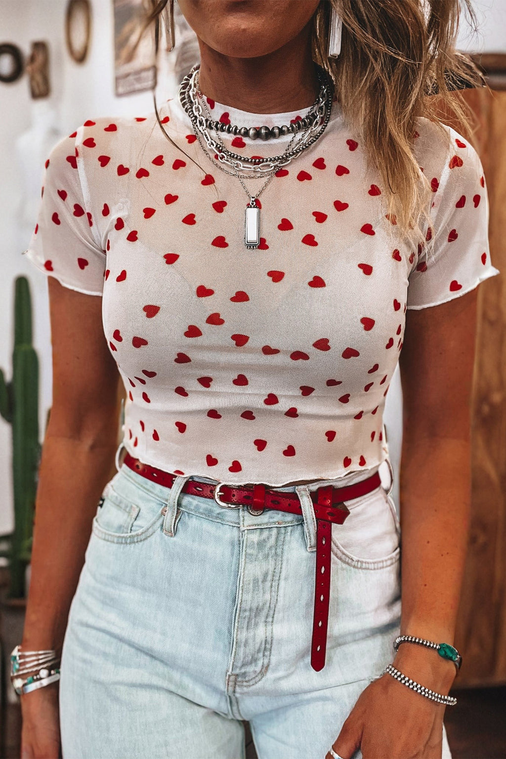 Pink Allover Heart Print Mesh Short Sleeve Top