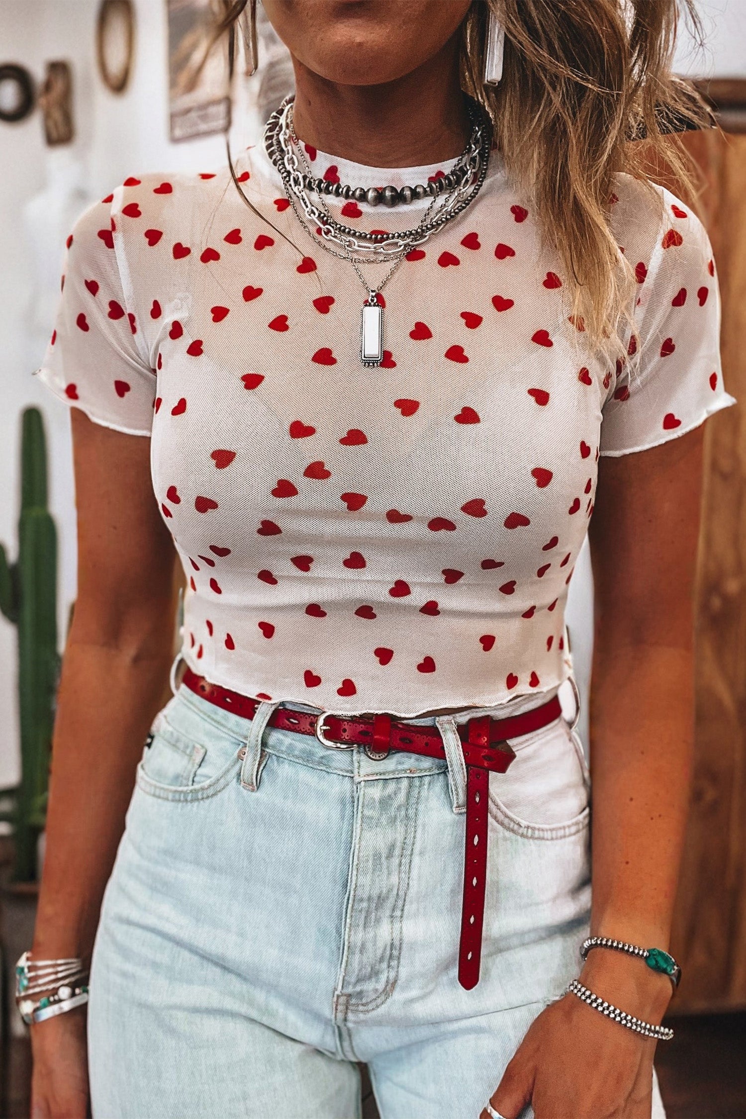Pink Allover Heart Print Mesh Short Sleeve Top
