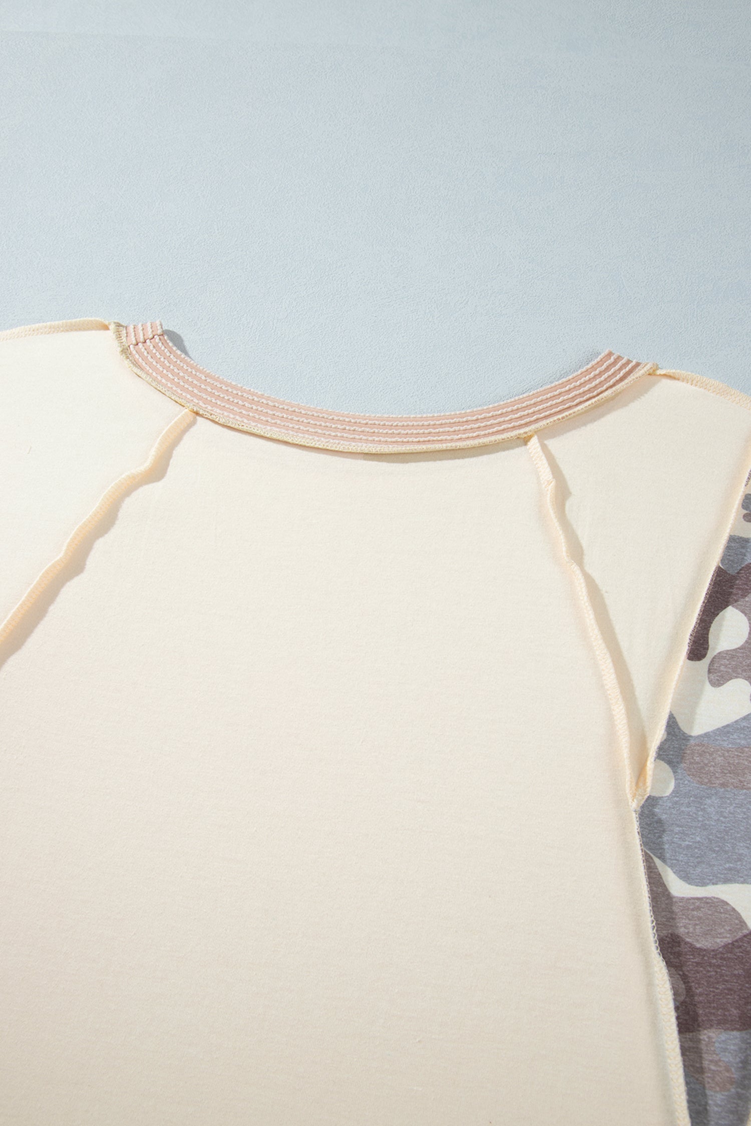 Apricot Camouflage Panel Twist Rib Sleeve Round Neck Loose Fit Plus Size Blouse